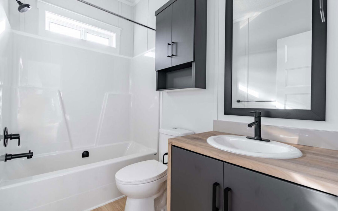 Bathroom with Chiffon Countertop and Charcoal Cabinets